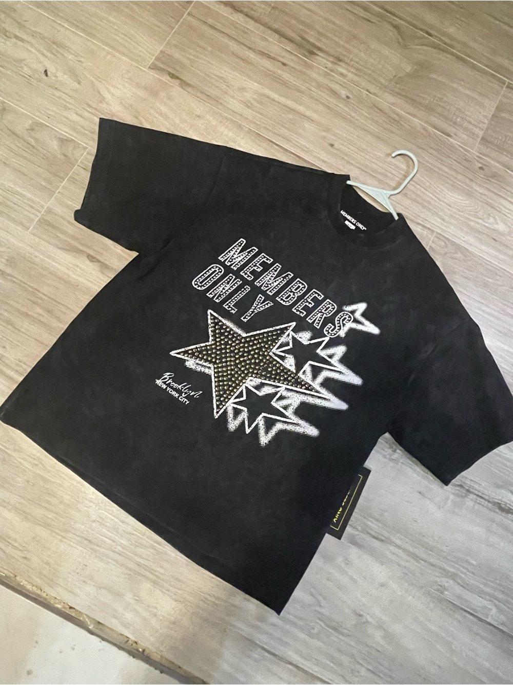Members Only Black Graphic Tee with Star Stud Design